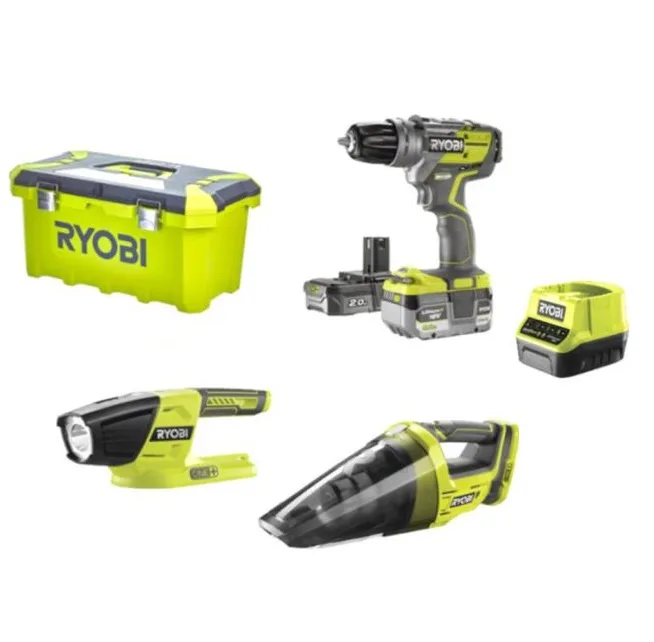 Ryobi aku set R18PDBL-252V (18V ONE+, bušilica BL motor, usisavač, svijetiljka, sanduk, aku 3,0+5,0Ah)