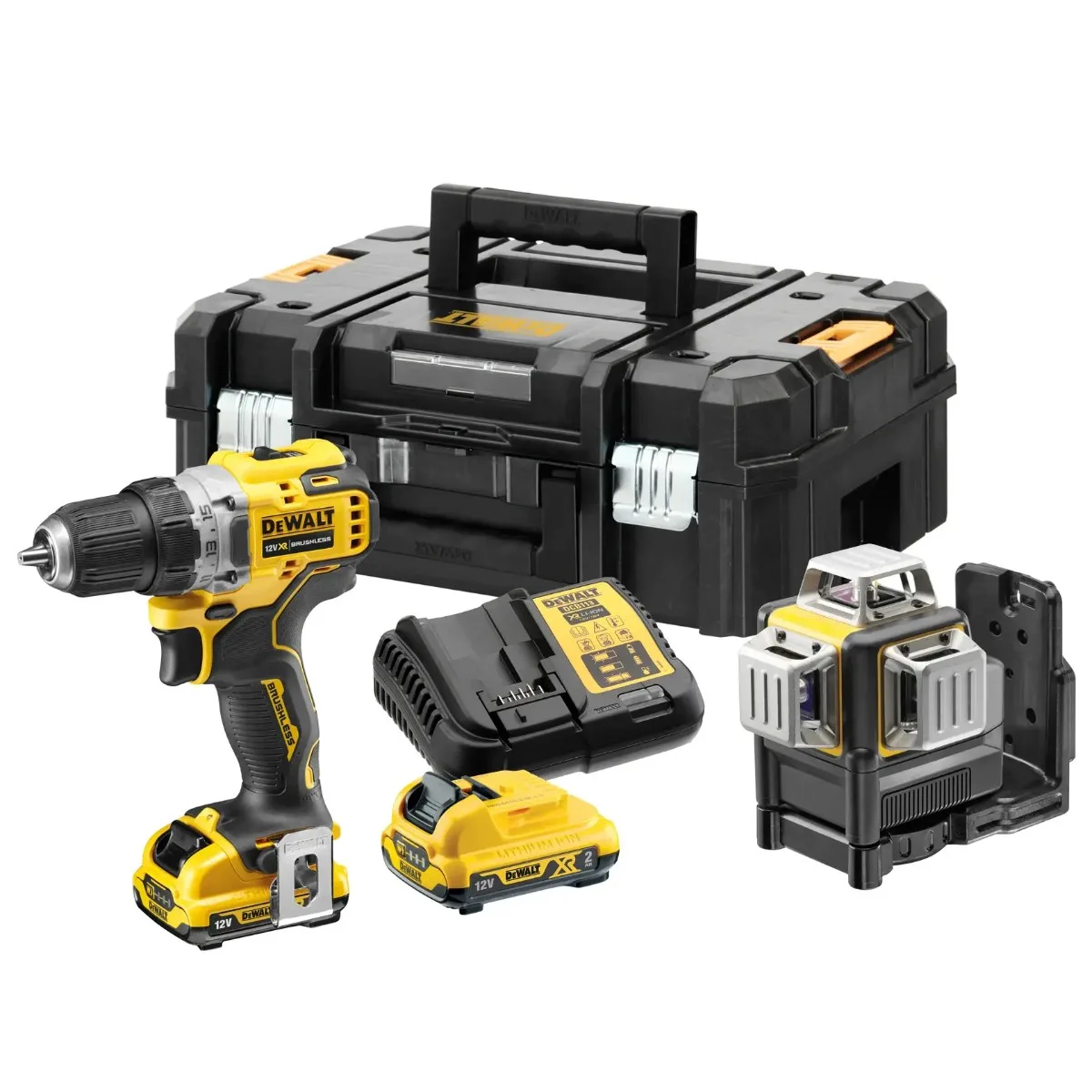 DeWalt aku set 12 V DCK212D2T — bušilica-odvijač DCD701 + laser 3 × 360°, 2 × 2,0 Ah