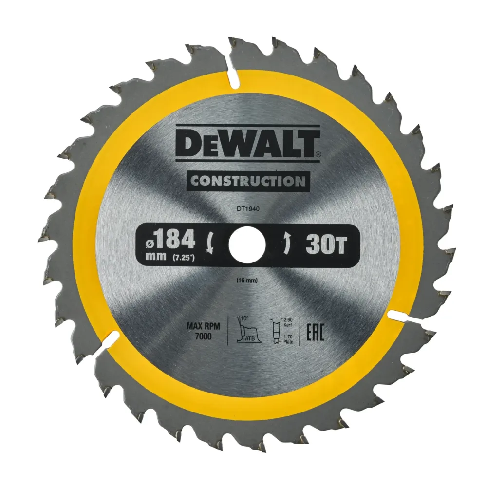 DeWalt list kružne pile DT1940 Construction — 184 × 16 mm, 30 zuba
