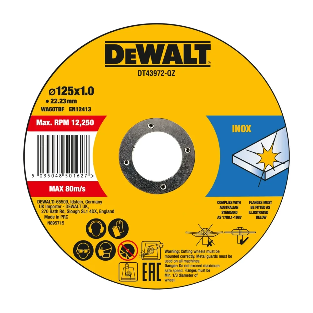 DeWalt rezne ploče DT43972 za inox u kutiji — 125 × 1 × 22,23 mm, 10 kom