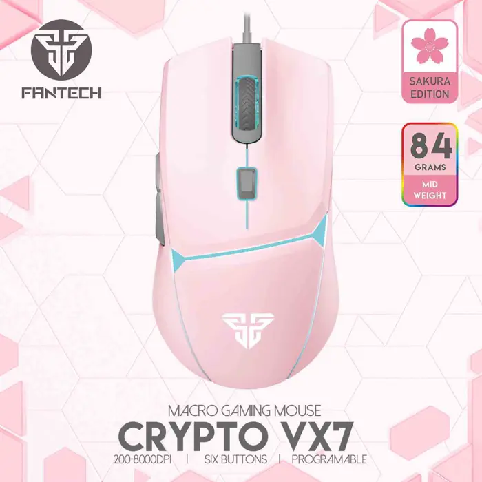 Miš gaming žični Fantech 8000 DPI crypto VX7 sakura edition rozi