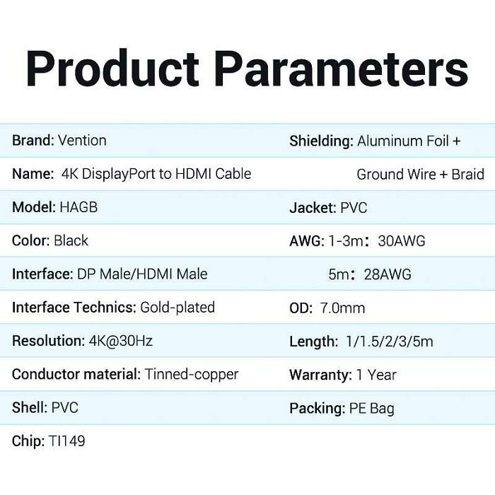 Kabel display port muški na HDMI muški 4K Vention 3 m hagbi crni