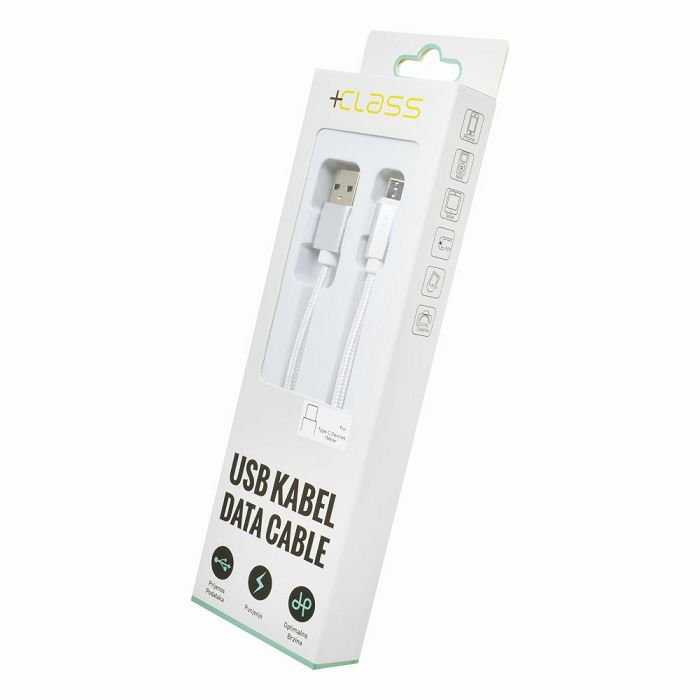 USB kabel +CLASS tip C, USB na tip C 1 m 2,1 A pleteni bijeli