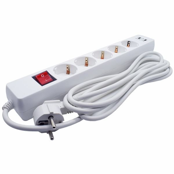 Produžni kabel +CLASS XH-EU05BK 5*220V, 2*USB Max. 5V 2.1A + prekidač bijeli 5 m