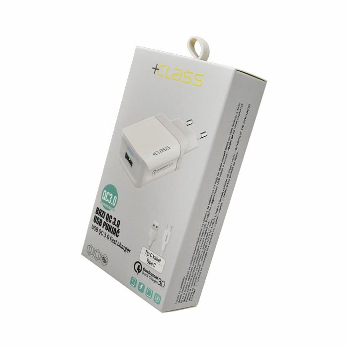 Kućni punjač +CLASS USB QC 3.0 fast+USB kabel tip C bijeli
