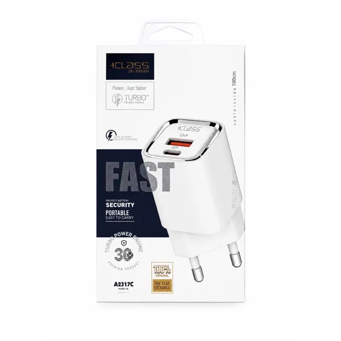 Kućni punjač +CLASS A2317C 30W PD USB-C i USB QC3.0+KABEL USB-C na light. bijeli