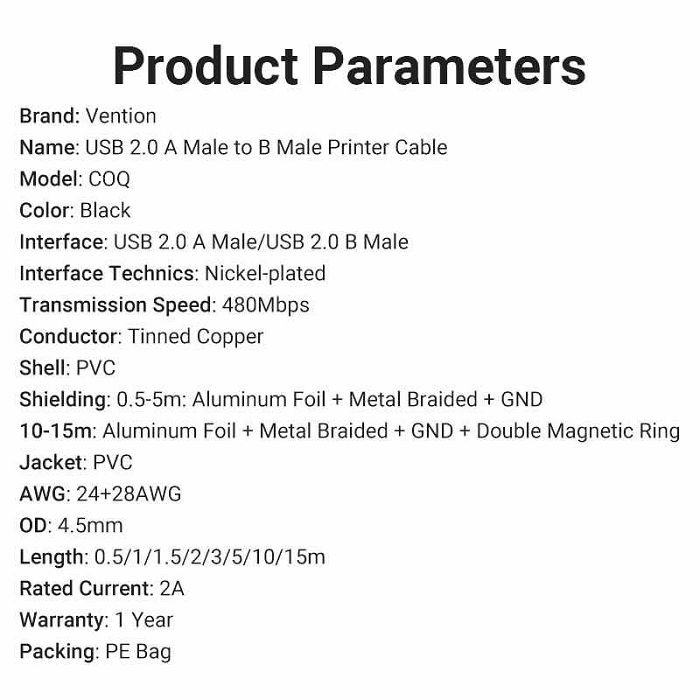 USB kabel za printer muški USB-B na USB-A 2.0 Vention 1.5 m coqbg pvc crni