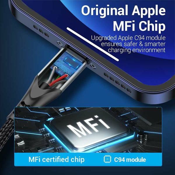 Kabel tip C na Lightning mfi PD 3A Vention 2 m tachh alu crni